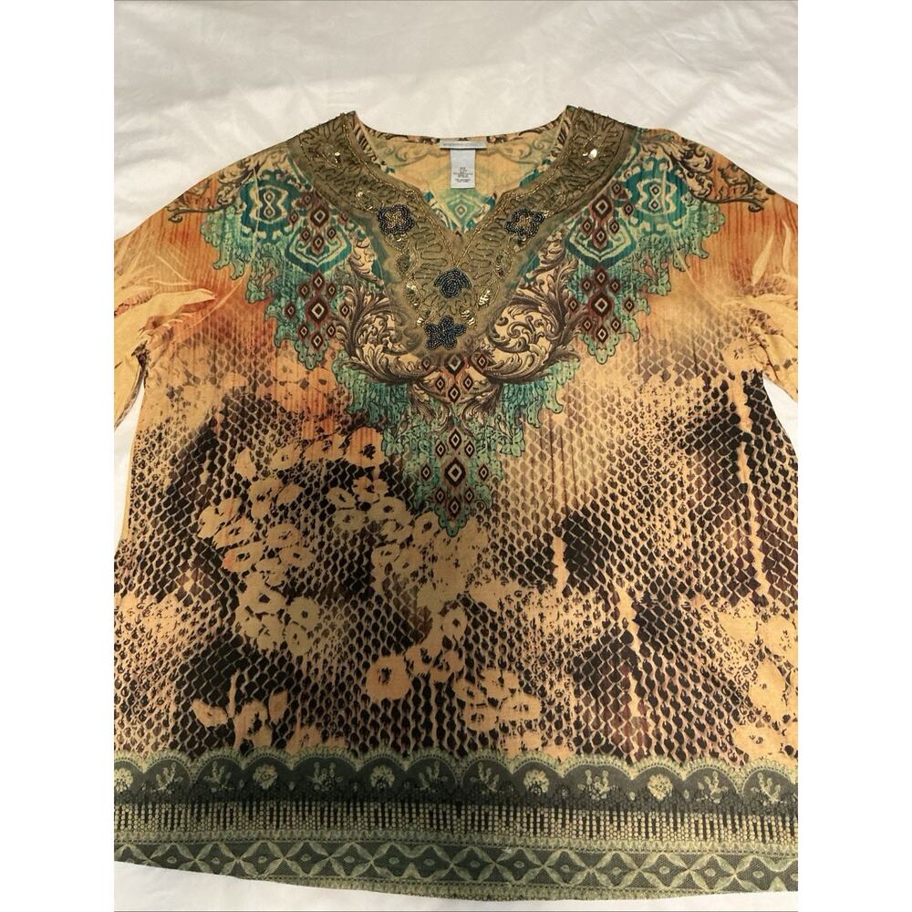 LIZ & ME FOR CATHERINES Top W size 0X 14/16W Beaded Tulle Aztec Whimsy Snake
